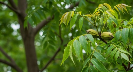 Obraz premium Close-Up of Pecan Tree Branch with Maturing Nuts in Summer Sunlight