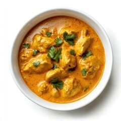A bowl of chicken curry with cilantro garnish served in a white bowl on a white background view from above