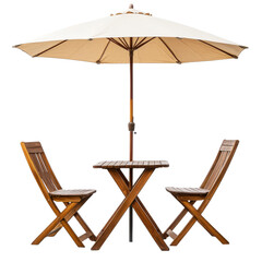 Wooden table and chairs underneath a large parasol umbrella, perfect for outdoor dining and relaxation, Table with Chair and Parasol Umbrella Isolated on transparent background