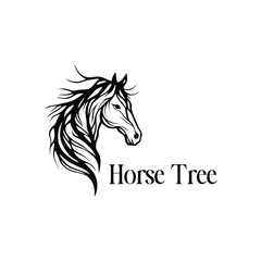 "Elegant Horse and Tree Logo Design Combining Nature and Equine Symbolism in a Striking Monochrome Style"