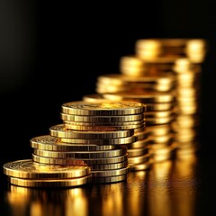 Stack of gold coins on dark background, business and finance concept.