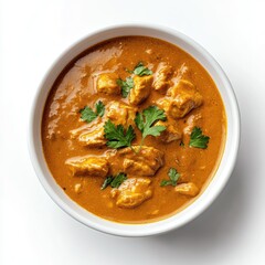 Overhead view of a bowl of chicken tikka masala garnished with fresh parsley on a white background