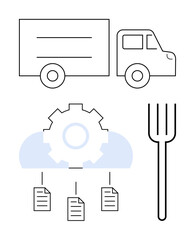 Delivery truck, gear with connected cloud documents, and fork highlight transport, cloud tech, and dining. Ideal for logistics, technology, innovation, food service data storage supply chain