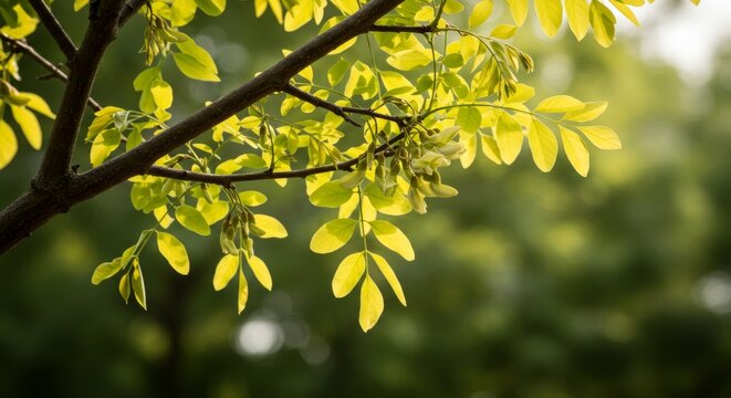 Sunlit golden locust tree foliage gently swaying in the serene breeze