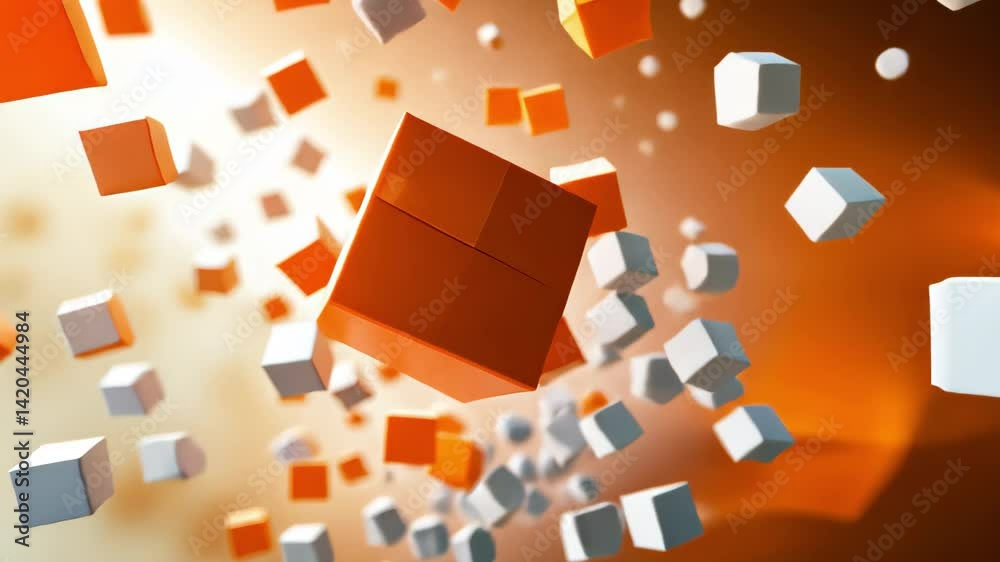 Poster Flight over rapidly moving cubes in a technology-inspired background, Flight over fast moving cubes Technology background CG