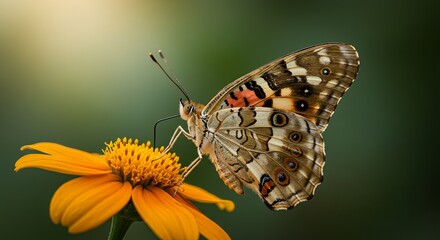 Naklejka premium Close up of painted lady butterfly on vivid orange petals of a flower