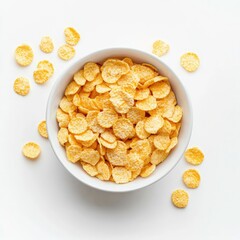 Fototapeta premium A top down view of a white bowl filled with corn flakes and some scattered around on a white surface