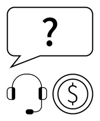 Question mark inside speech bubble, headset icon, and dollar coin symbol. Ideal for customer support, communication, troubleshooting, financial services, user help, online services simple landing
