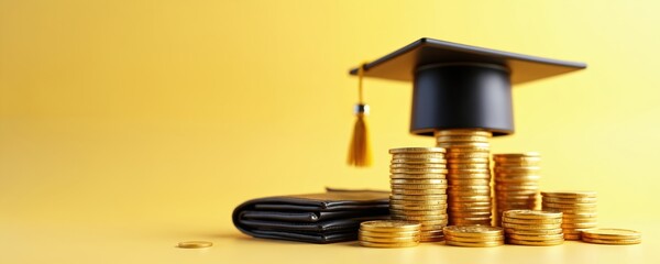 Graduation cap atop stacks of gold coins representing financial literacy. Wallet, coins, yellow background symbolize education saving, tuition cost. Concept of loan, scholarship program financial aid.
