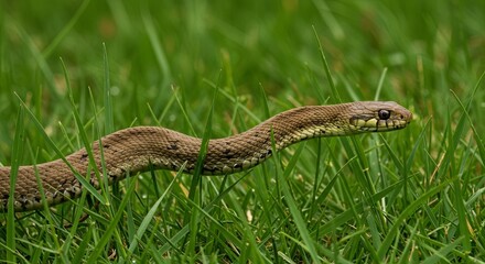 Fototapeta premium Serpentine Predator: A Snake Lies in Wait within Lush Green Grass