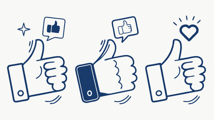 "Flat vector illustration of thumbs-up icons in various styles, blue and white palette, minimal design, editable stroke, social media theme, digital UI elements."