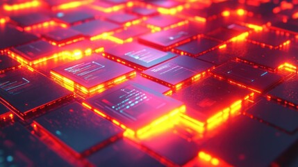 A close-up view of glowing, futuristic computer chips.  Complex circuitry and digital data are displayed on the vibrant, illuminated surfaces