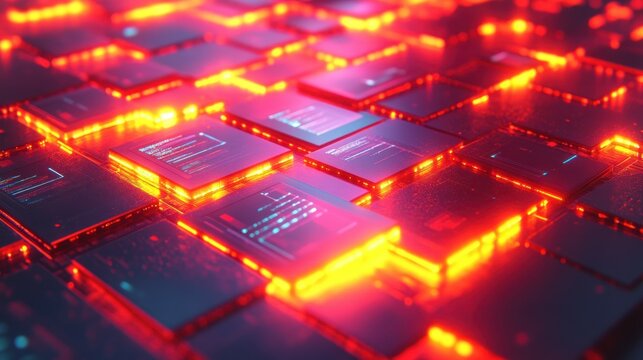 A close-up view of glowing, futuristic computer chips.  Complex circuitry and digital data are displayed on the vibrant, illuminated surfaces