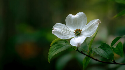 Obraz premium Close-up of white dogwood flower, delicate petals and green leaves, showcasing springtime bloom, representing purity, renewal, and nature's beauty