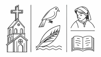 "Create a set of 70 minimalist black and white line art icons representing key Christian symbols and concepts for use in religious education materials."