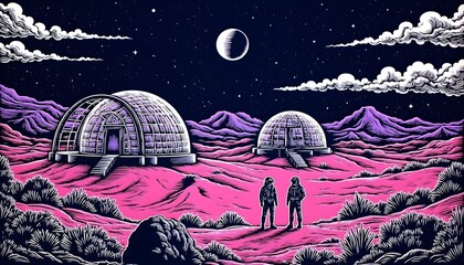 Astronaut walking across the Martian surface beside a high-tech dome habitat under a glowing sunset

