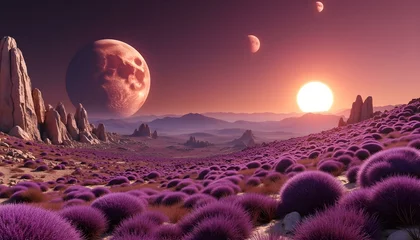 Gardinen Alien desert landscape with dual suns above vibrant lavender bushes   © Gedevan