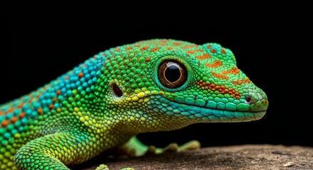 Fototapeta premium Detailed portrait showcasing a vibrant gecko with striking colors and textures