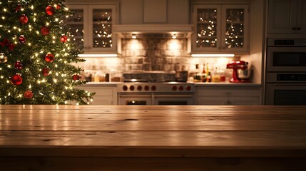 Festive kitchen backdrop with empty wooden table in foreground, Christmas tree and twinkling lights creating a warm, cozy atmosphere for holiday cooking and gatherings
