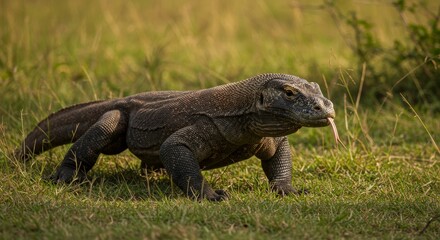 Fototapeta premium Captivating Komodo Dragon Strolling Through a Verdant Grassy Landscape