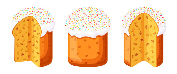 Set of festive Easter cakes in cartoon style.Vector illustration of Easter cakes whole and cut with sweet raisins,decorated with white icing,sprinkles of different colors isolated on white background.