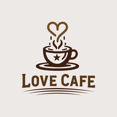 Love Cafe Logo Design with Heart Shaped Steam and Coffee Cup Minimalist Vintage Style.