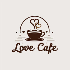 Love Cafe Logo Design with Heart Shaped Steam and Coffee Cup Minimalist Vintage Style.