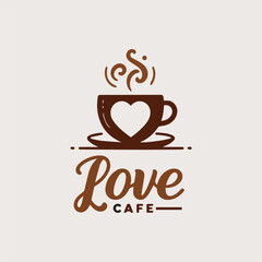 Love Cafe Logo Design with Heart Shaped Steam and Coffee Cup Minimalist Vintage Style.