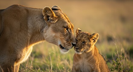 Obraz premium Affectionate lioness and cub touching noses bathed in golden savanna light
