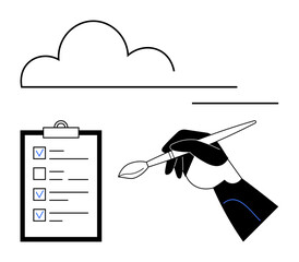 Hand holding paintbrush drawing, checklist with completed tasks, minimal cloud illustration. Ideal for creativity, organization, productivity, planning, task management, innovation simple landing