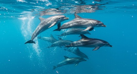 Fototapeta premium Dolphin pod swims in serene blue sea graceful marine mammals aquatic life