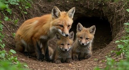 Red Fox Family bonding outside their Earthen Den, A touching Wildlife Moment