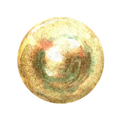 Gold round ball of vibrant collection. Shiny bead element hand-painted in watercolor with gold paint accents. Isolate is presented for decorating textiles, interior, wallpaper, prints, packaging