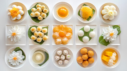 Assorted Thai desserts, vibrant colors and intricate designs, arranged on white plates with green leaf accents, festive feast.