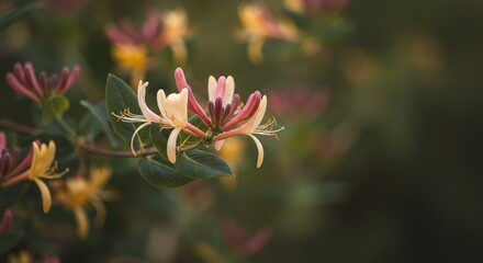 Fototapeta premium Close-up of Honeysuckle Flowers in Soft Light with a Dark Green Background