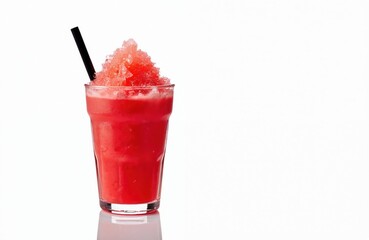 Red slush drink in glass with straw. Iced summer refreshment, shaved ice, cold fruit dessert. Cocktail, sorbet, granita with natural juice. Refreshing drink menu template, copy space, white