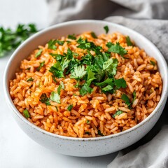 Fototapeta premium Close up of a bowl filled with mexican rice and garnished with cilantro
