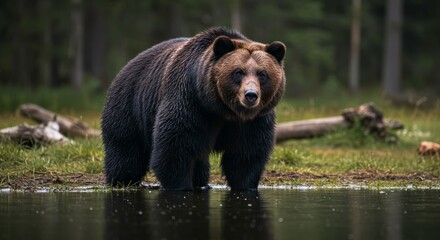 Obraz premium Magnificent brown bear stands watchful in a pristine waterside woodland