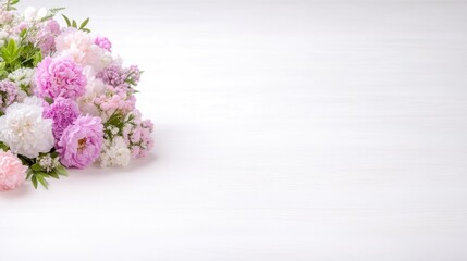 Obraz premium Pink Rose Bouquet White Background Soft Focus High Resolution Horizontal Close-up Shot Delicate Blooms Floral Arrangement Springtime Pastel Hues Ideal for greeting cards