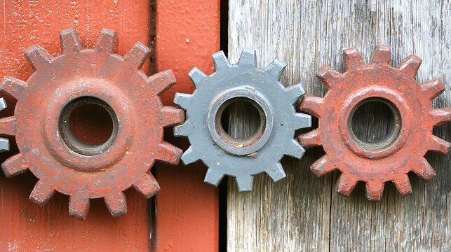 Vintage Gears on Wooden Background with Red and Brown Texture