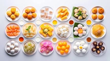Colorful dim sum selection with various dumplings and desserts on white plates arranged neatly, bright and appetizing display.