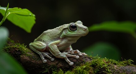 Fototapeta premium Green tree frog resting peacefully on a moss-covered branch in a wild nature