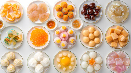 Assorted colorful desserts in translucent bowls on white background, vibrant candies, jellies, artistic culinary display.