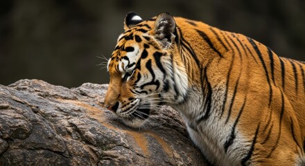 Obraz premium Captivating portraiture of a sumatran tiger at rest on a rocky terrain