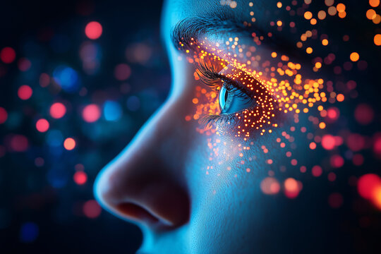 Captivating Gaze: A close-up of a woman's eye, illuminated by a vibrant cascade of radiant light particles that dance across her features, showcasing a blend of technology and introspection.