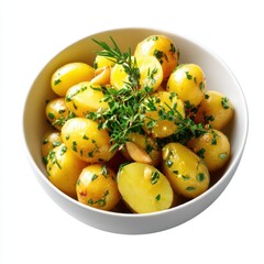 A bowl of delicious baby potatoes seasoned with fresh herbs, garlic, and olive oil, presented isolated on a clean white background