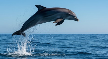 Acrobatic dolphin showcases elegant leap from vast ocean against azure sky