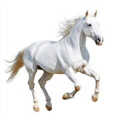 Obraz premium A majestic white horse galloping freely with its mane flowing on a clean white background in bright light