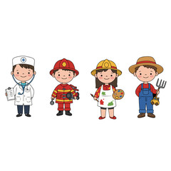 Cartoon kids dressed in different professions: firefighter, doctor, farmer, and artist. Each with matching props and outfits, isolated on white background. Fun and educational character set.

