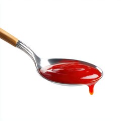 A close-up shot of a spoonful of vibrant red ketchup, dripping slightly, isolated against a clean white background